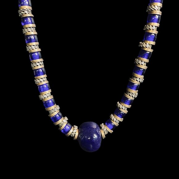 Artisan Blue Beaded Necklace Brass Accents Leather Cord Boho Tribal Vintage Look - Picture 2 of 9